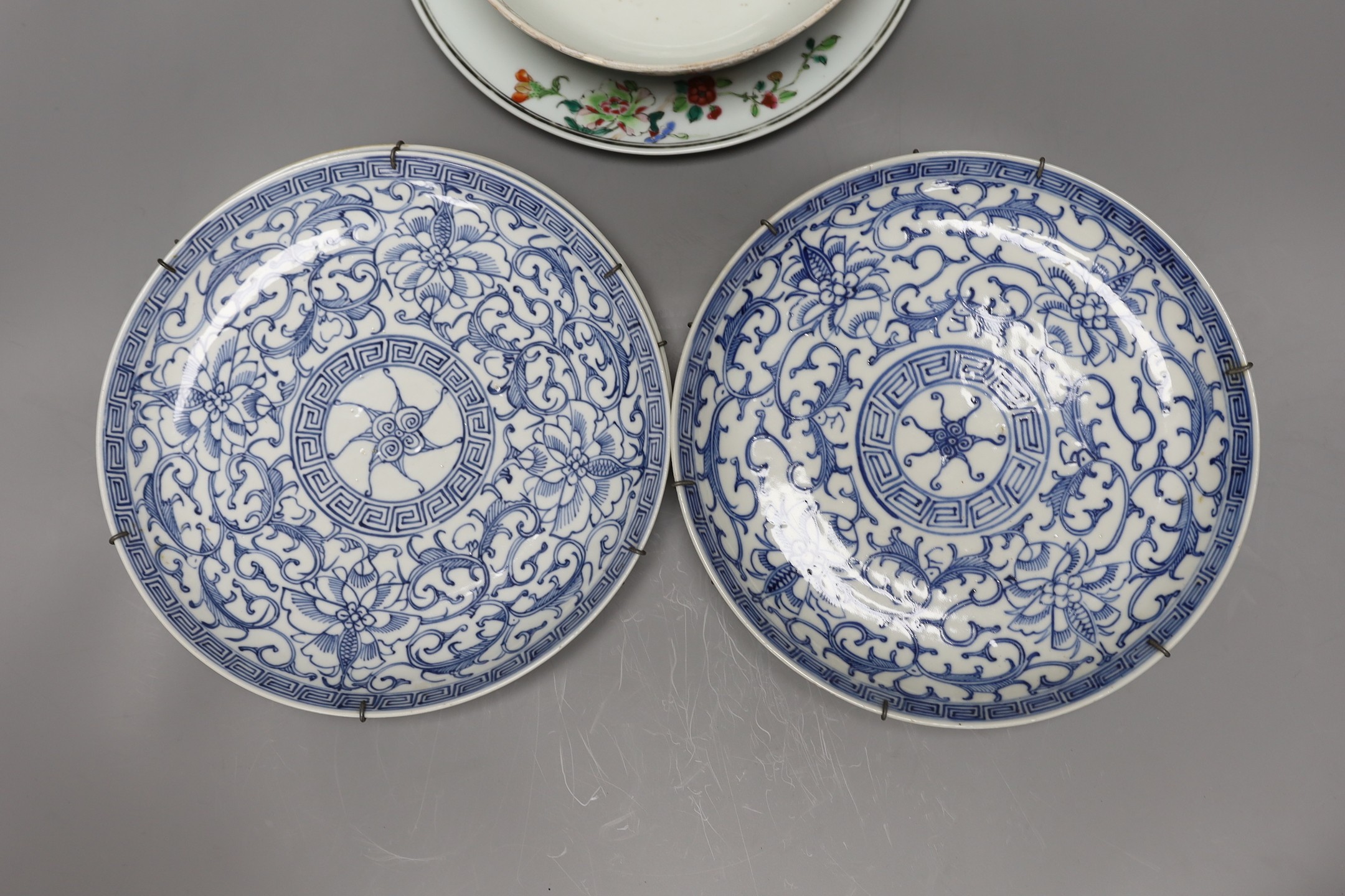 A selection of various Oriental ceramics, to include an 18th century Chinese export bowl with a similar 19th century dish, and other Chinese blue and white china